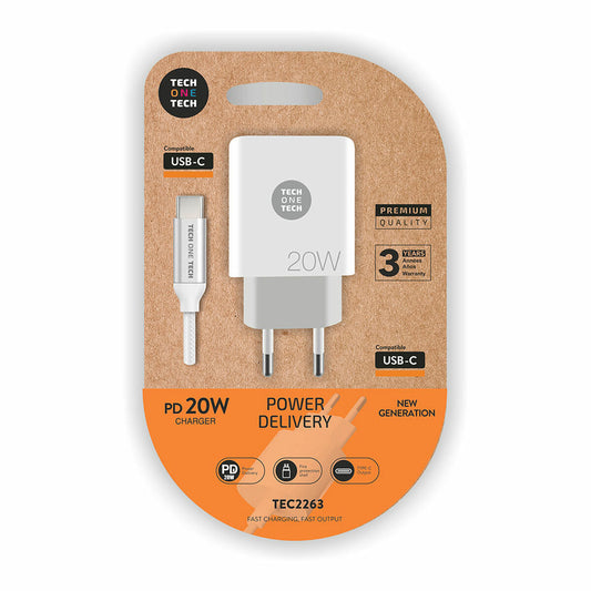 Caricabatterie da Parete + Cavo USB-C Tech One Tech Bianco 20 W